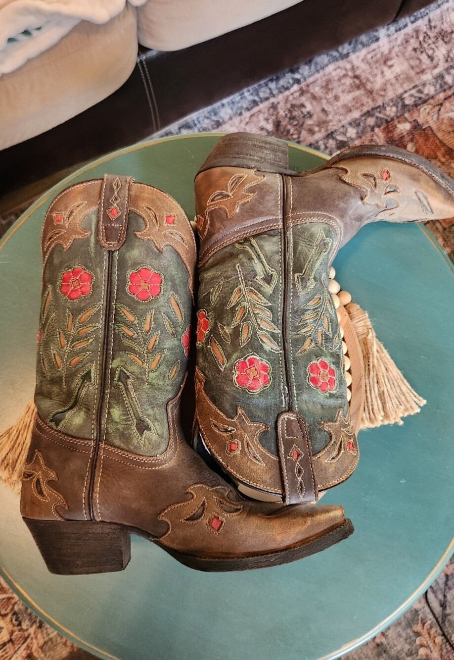 Laredo Brown and Green Western Floral Embroidered Heeled Boots - Picture 5 of 9